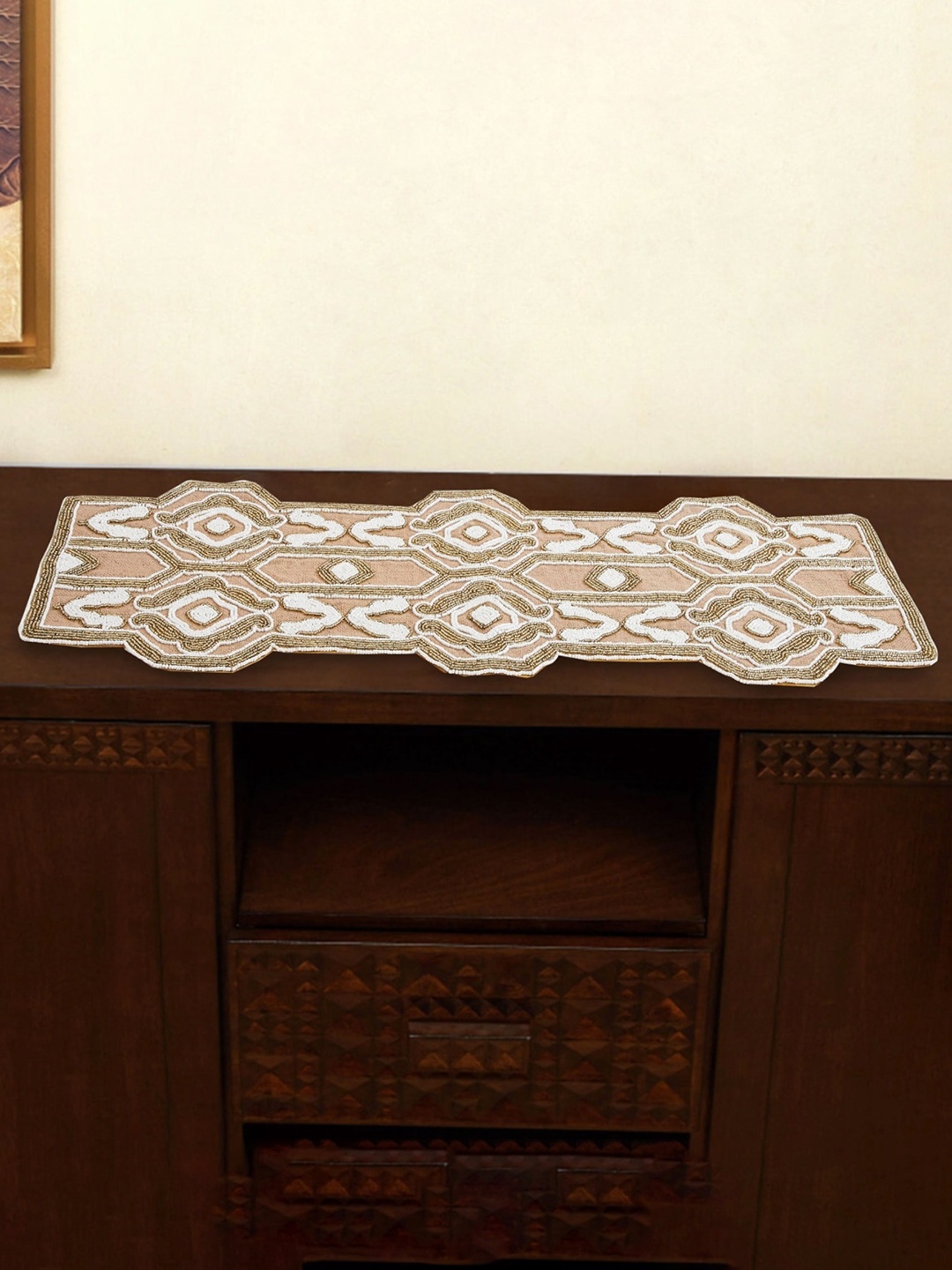 

Home Centre Beige & White Embellished Pure Cotton Rectangular Table Runner