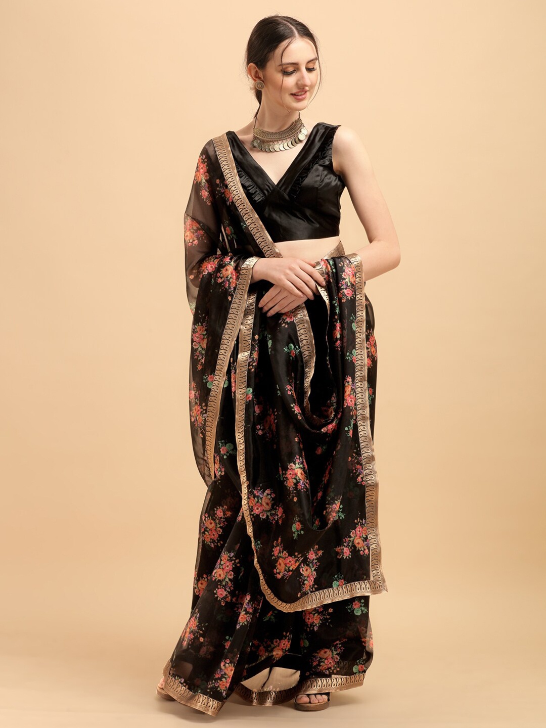 

Sangria Black & Pink Floral Organza Saree
