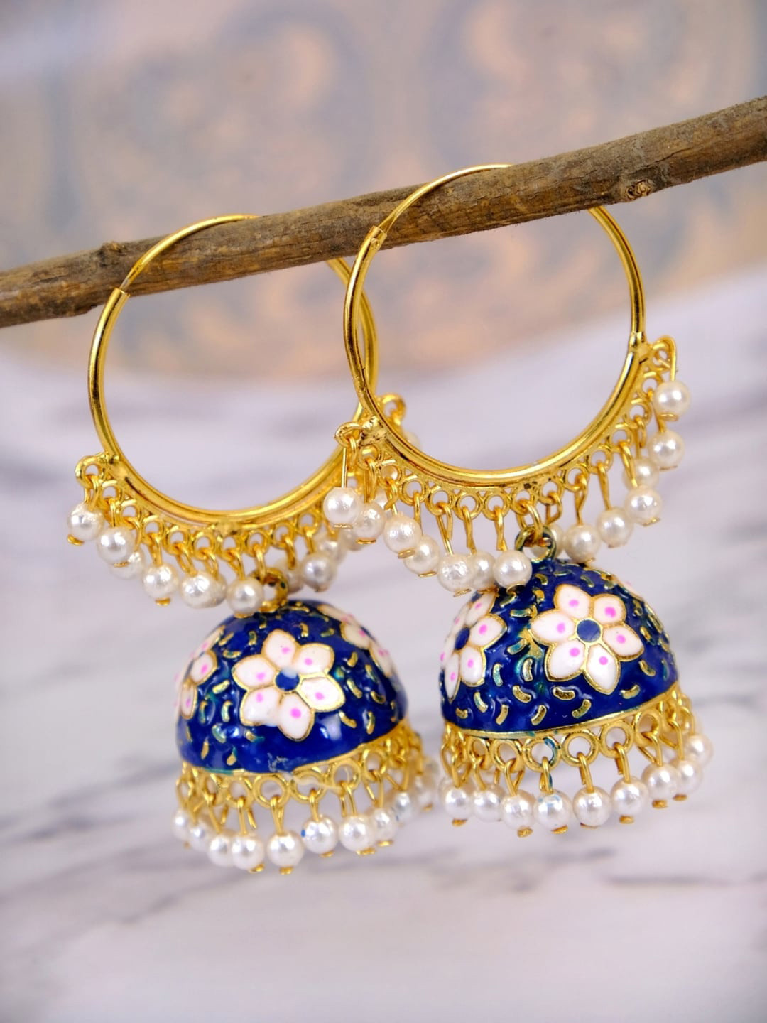 

Crunchy Fashion Navy Blue & Gold-Toned Contemporary Jhumkas Earrings