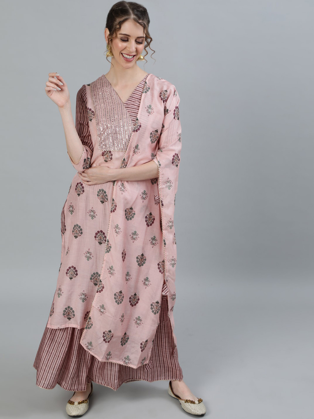 

Ishin Women Pink Ethnic Motifs Printed Angrakha Pure Silk Kurti with Palazzos & Dupatta