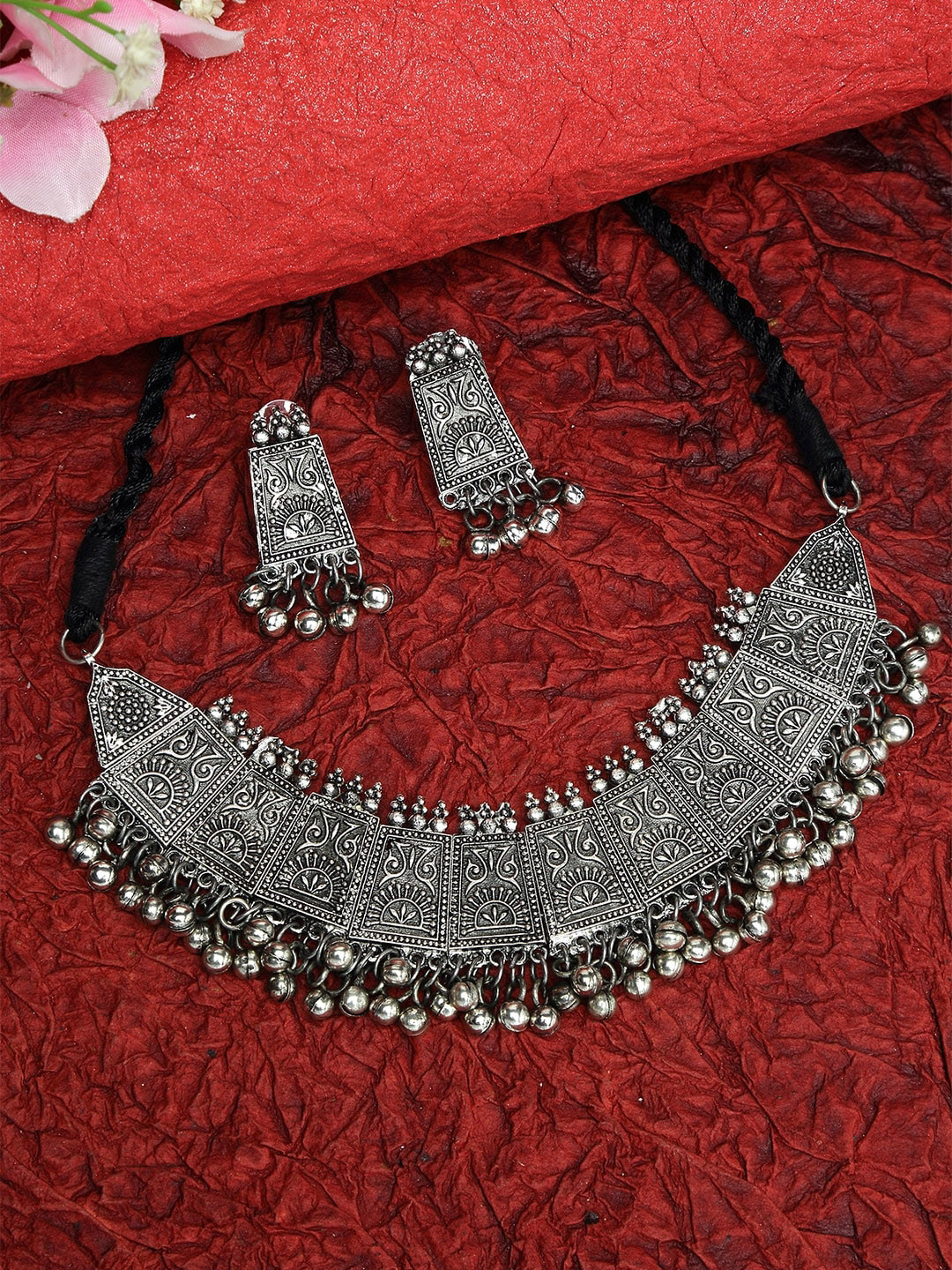 

Moedbuille Silver-Plated Ghungroo Studded Tribal Tassel Design Afghan Look Handcrafted Jewellery Set