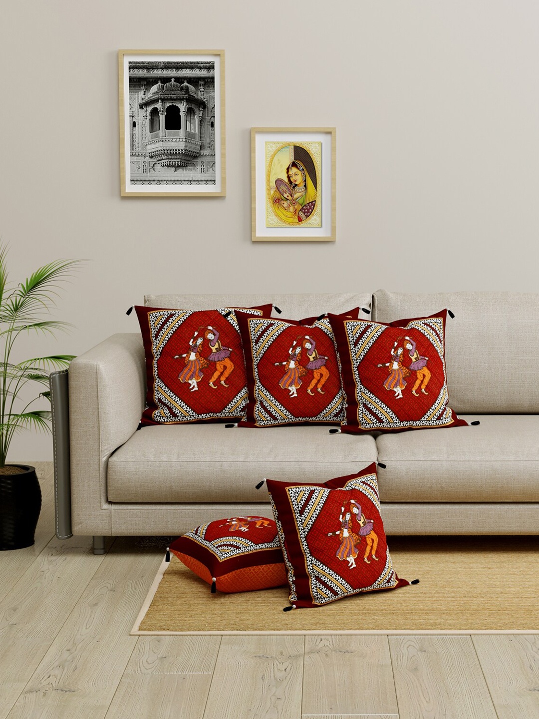 

LIVING ROOTS Red & White Set of 5 Ethnic Motifs Square Cushion Covers