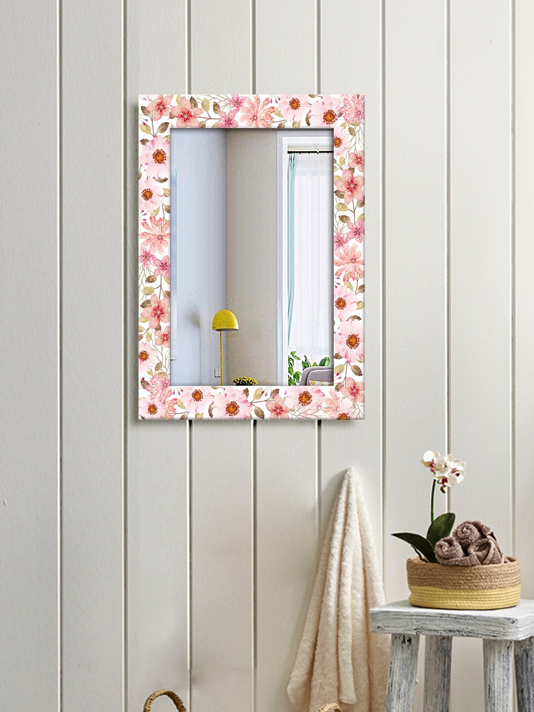 

999Store White & Pink Printed Hanging Mirror