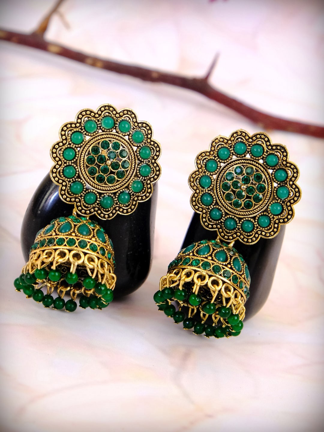 

Crunchy Fashion Green & Gold-Toned Dome Shaped Jhumkas Earrings