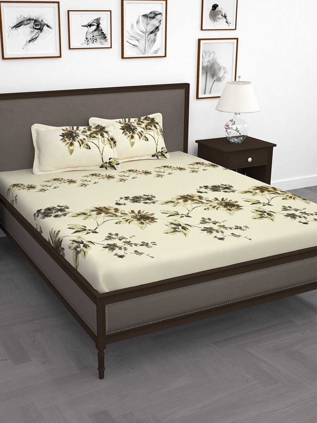 

Story@home Beige & Green Floral 210 TC King Bedsheet with 2 Pillow Covers