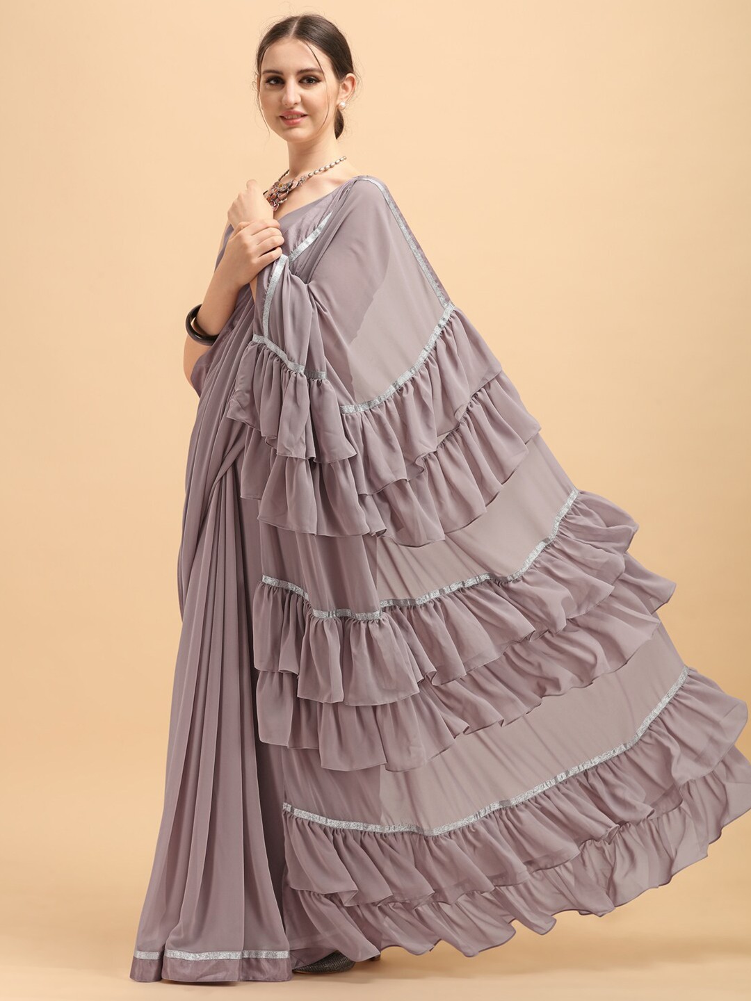 

Sangria Lavender & Silver-Coloured Solid Ruffled Saree