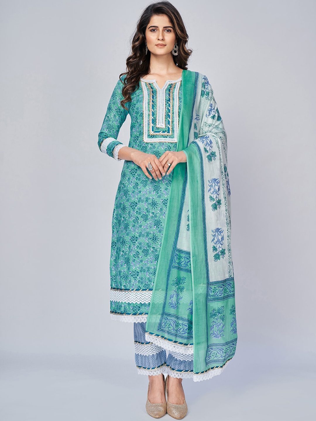 Vbuyz Women Turquoise Blue Ethnic Motifs Embroidered Panelled Kurta with Salwar & With Dupatta