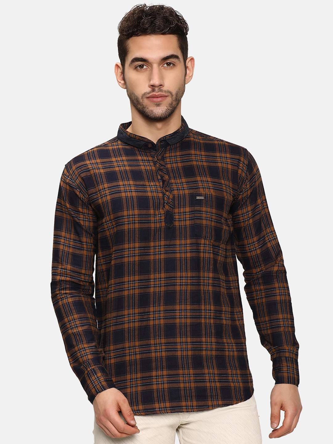 

V2 Value Variety Men Mustard Yellow & Navy Blue Checked Kurta