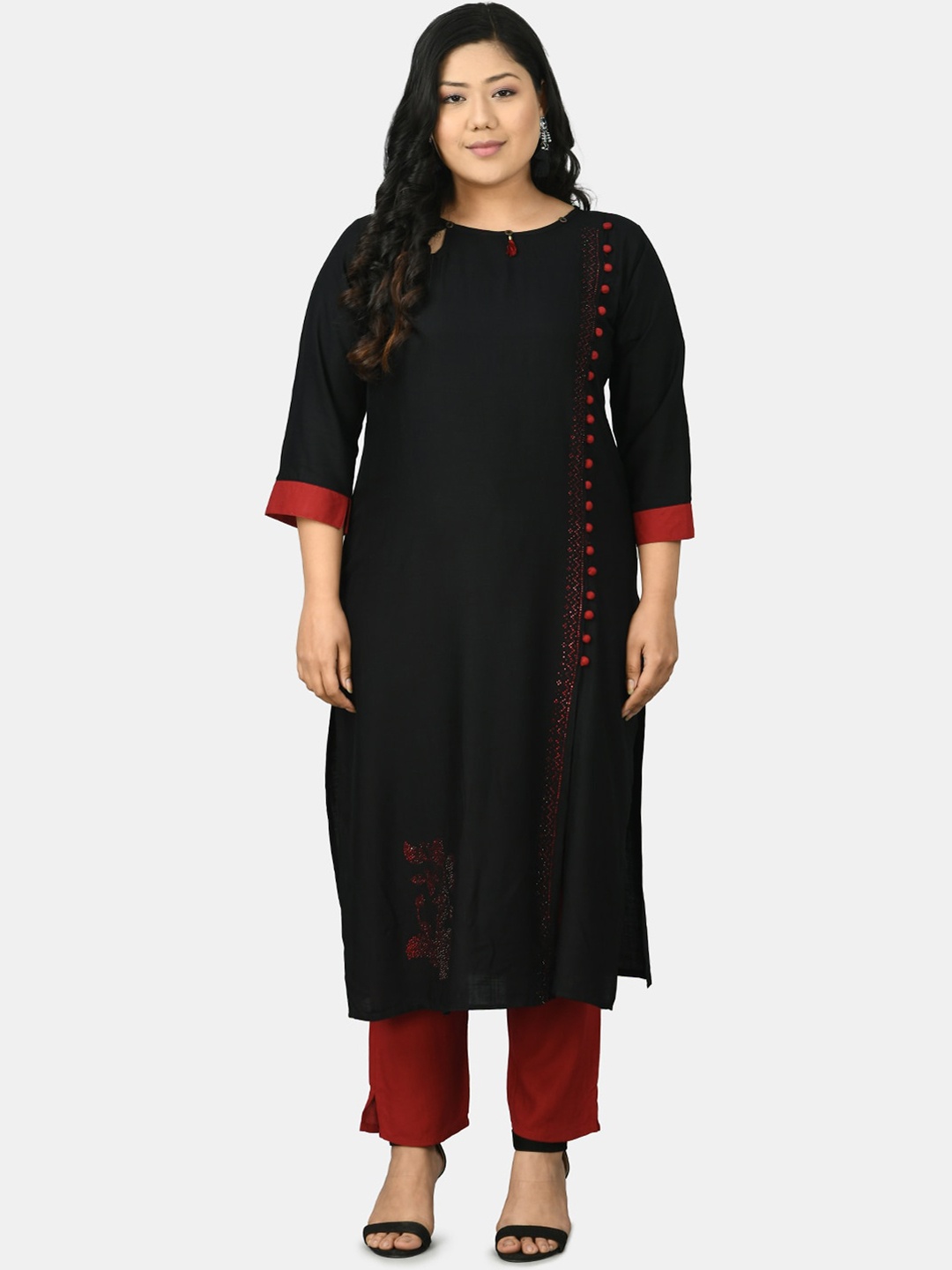 

PrettyPlus by Desinoor.com Women Black A-Line Kurta with Trousers