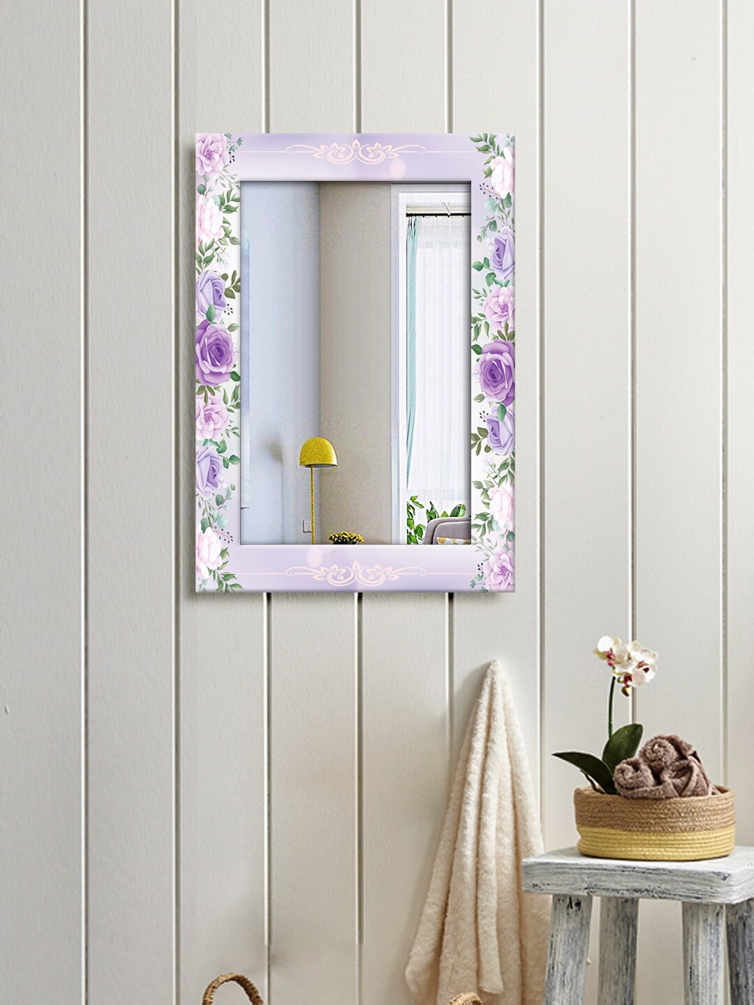 

999Store Purple & Green Rose With Tree Printed Wall Hanging Mirror