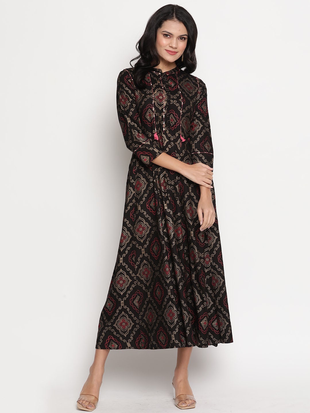 Be Indi Rayon Printed Mandarin Collar Sequence Work Detailing A-Line Midi Dress, Black