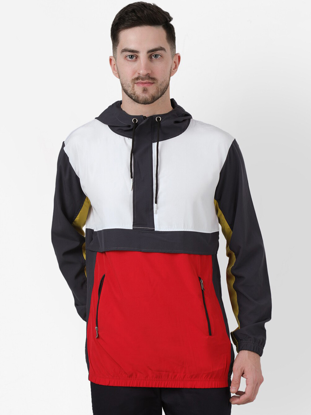 

PAUSE SPORT Men Multi Colourblocked Windcheater and Water Resistant Crop Sporty Jacket