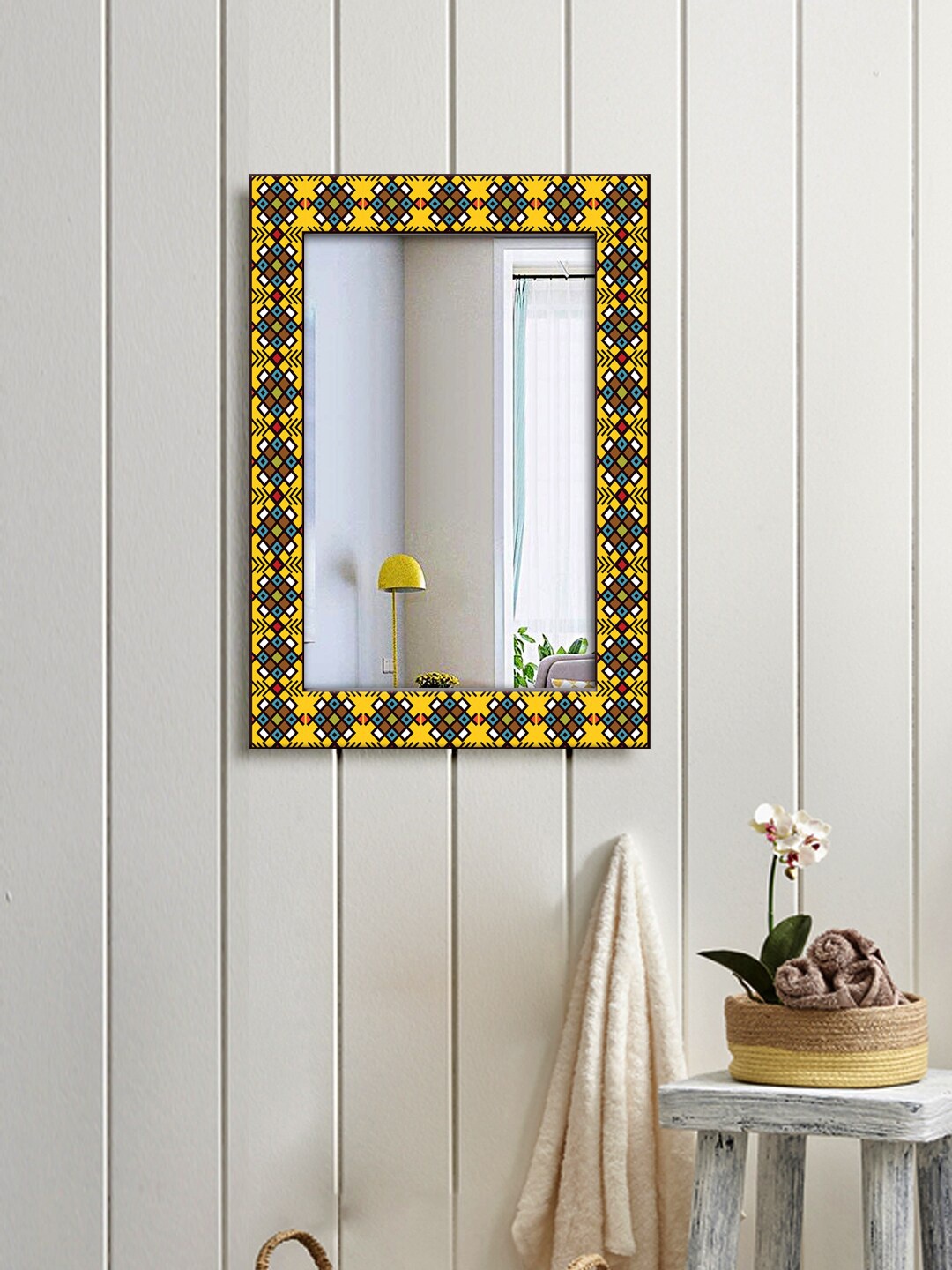 

999Store Yellow & Brown Geometric Printed MDF Wall Mirror