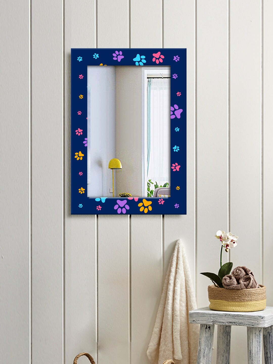 

999Store Blue & Pink Dog Foot Printed MDF Wall Mirror