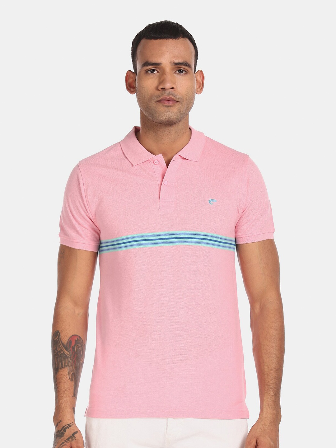 

Ruggers Men Pink & Blue Striped Polo Collar T-shirt
