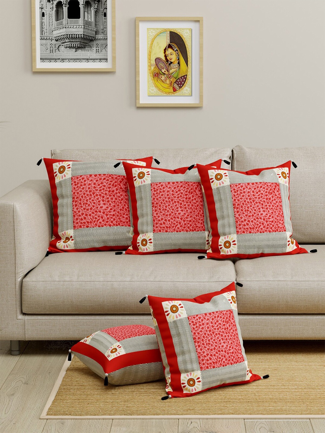 

LIVING ROOTS Pink & Cream-Coloured Set of 5 Ethnic Motifs Square Cushion Covers