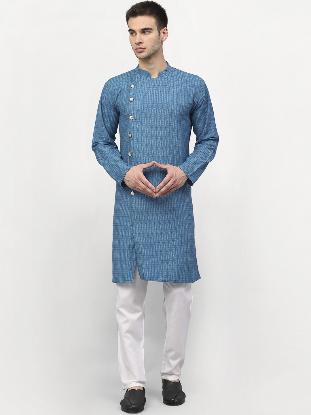 

Jompers Men Blue & White Angrakha Pure Cotton Kurta with Pyjamas
