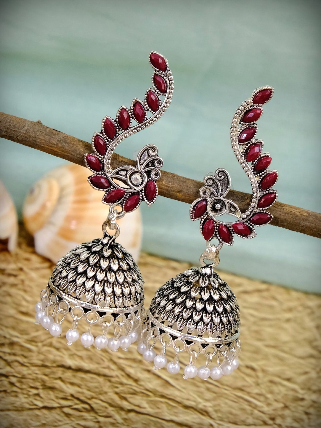 

Crunchy Fashion Silver-Plated Maroon Contemporary Jhumkas Earrings