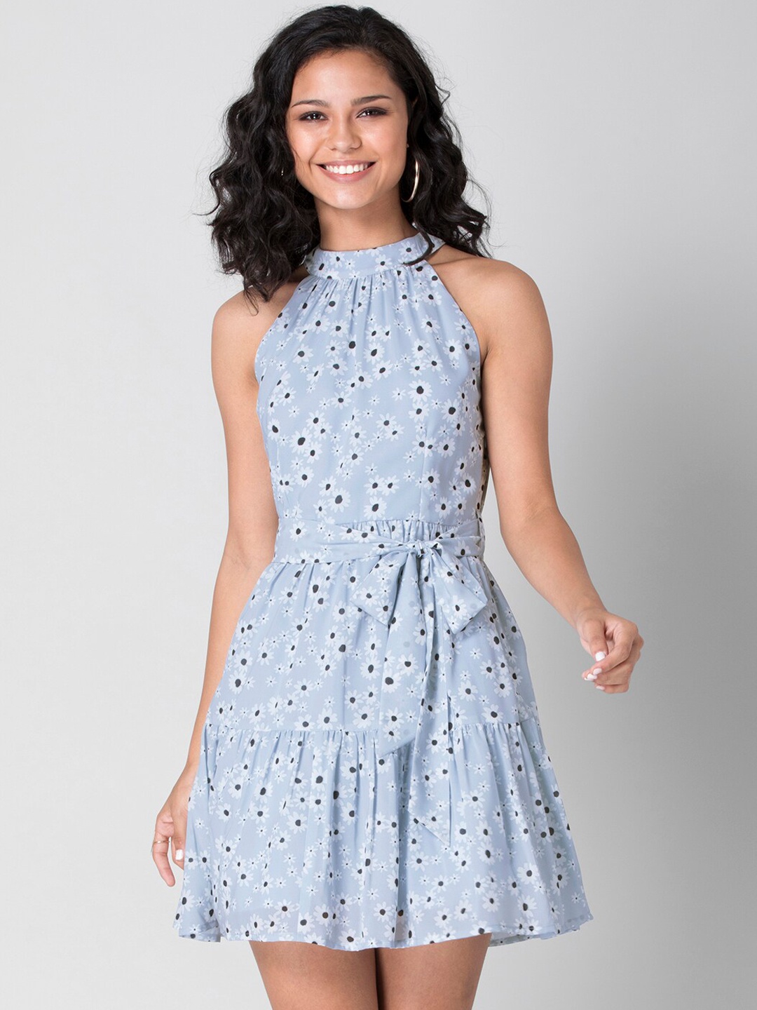 

FabAlley Women Blue Floral Halter Neck Belted Georgette Dress