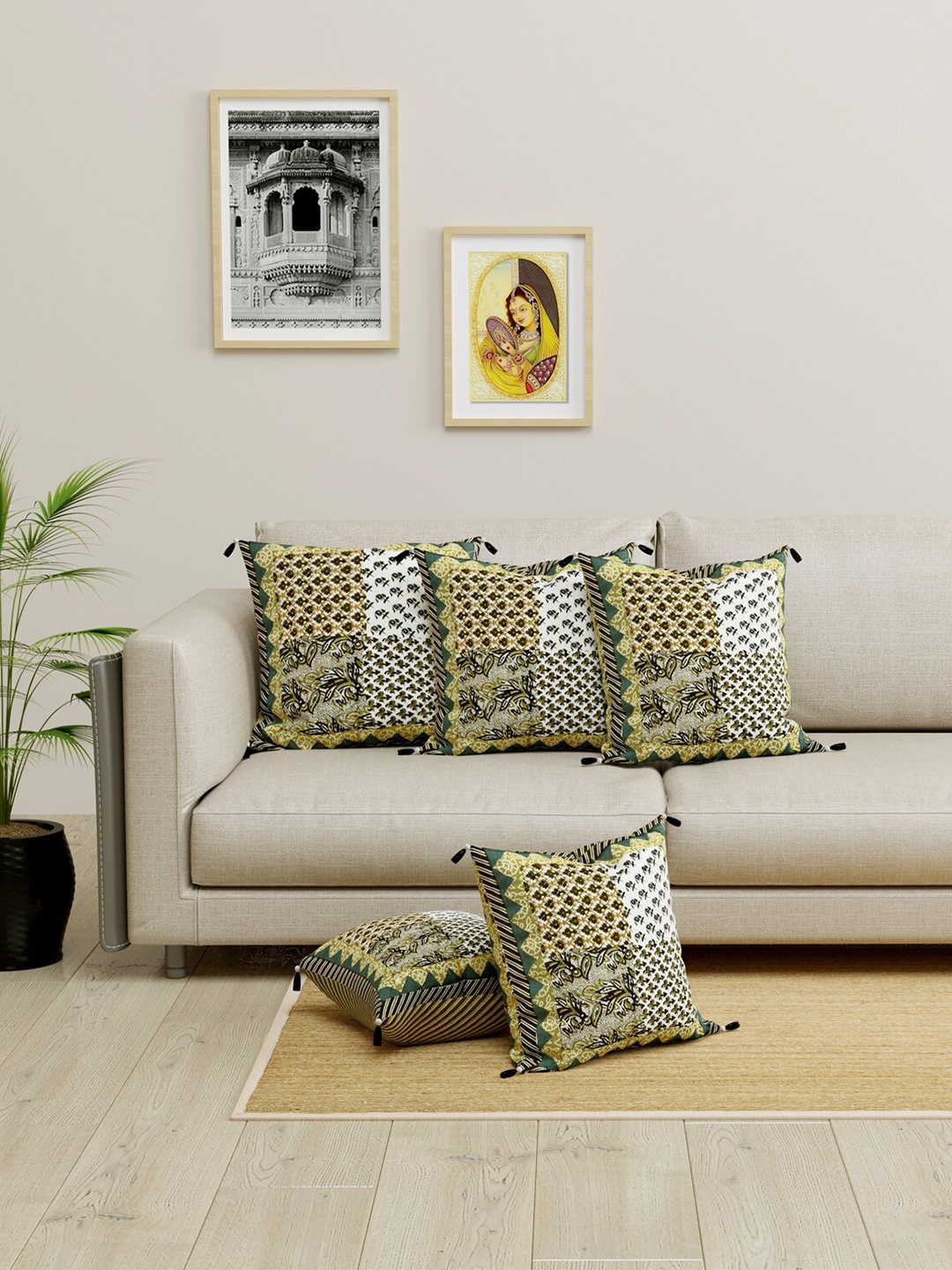 

LIVING ROOTS Green & White Set of 5 Ethnic Motifs Square Cushion Covers