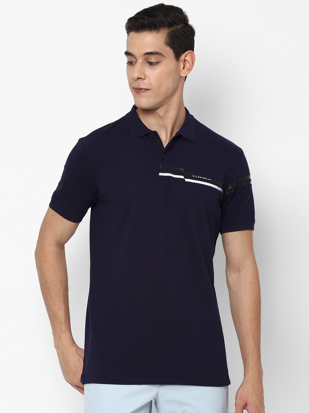 

Allen Solly Men Navy Blue Mandarin Collar Pure Cotton T-shirt