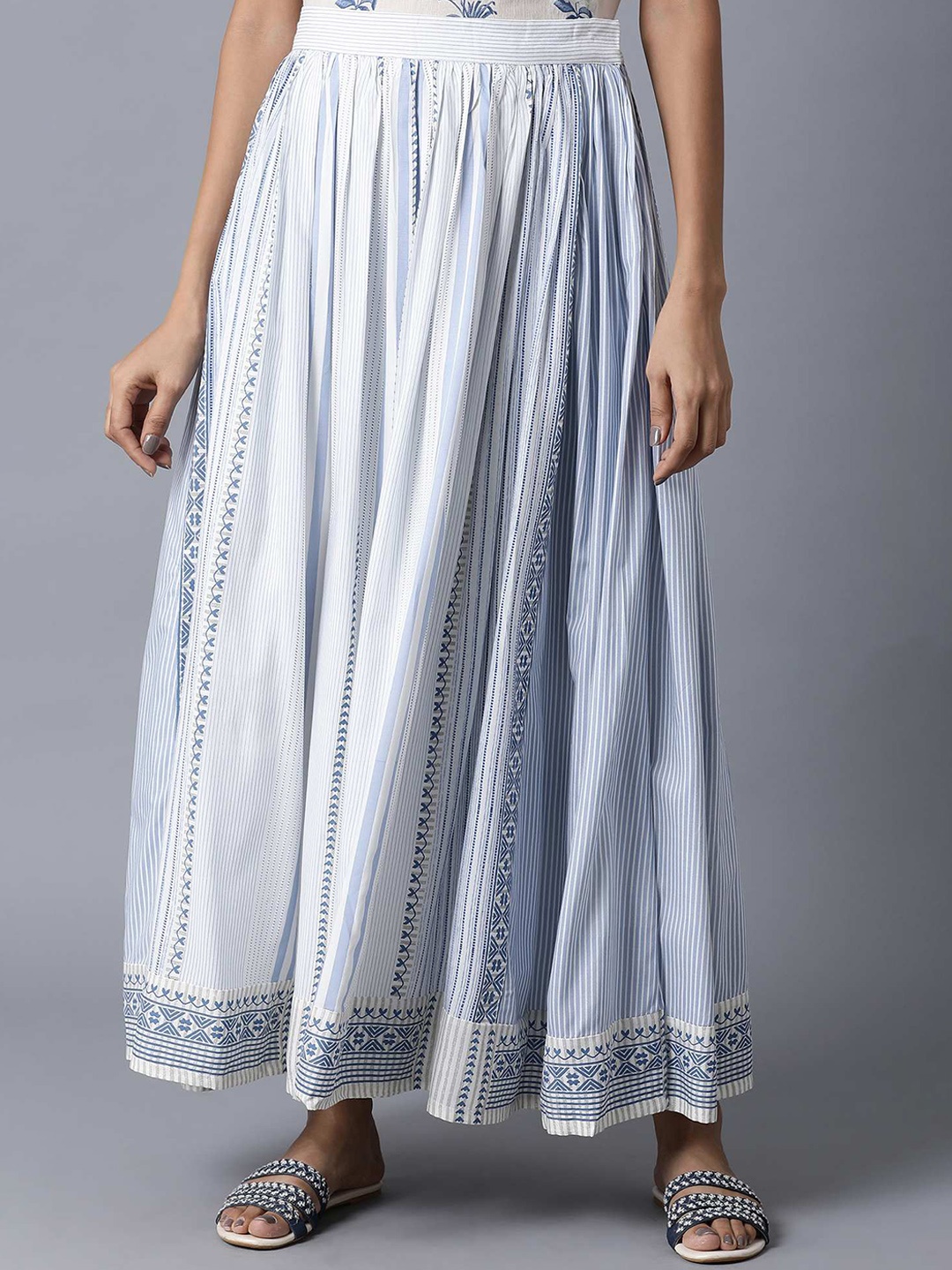 

W Women White & Blue Geometric Printed Flared Maxi Skirt