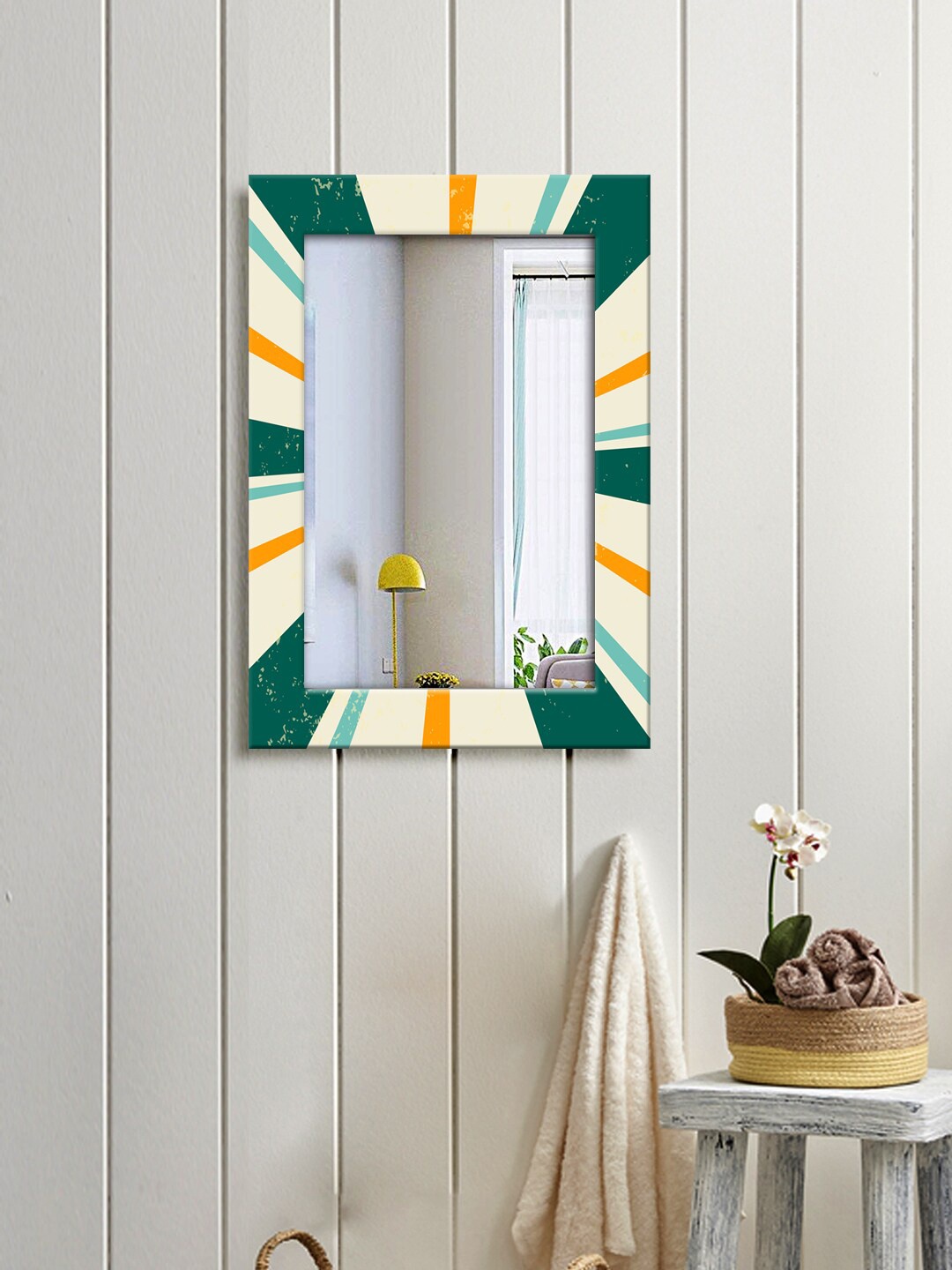 

999Store Beige & Green Abstruck Printed MDF Wall Hanging Mirror