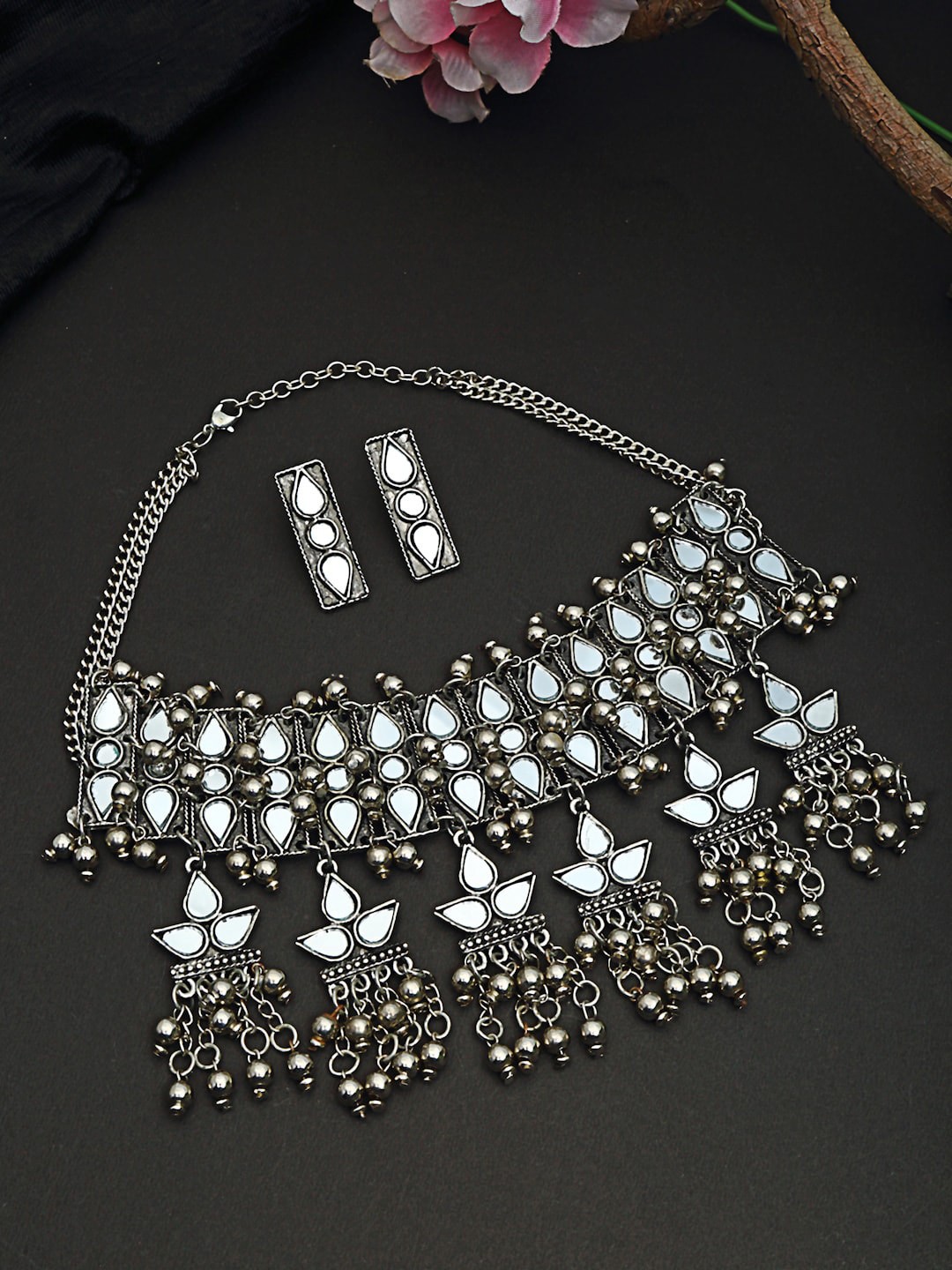 Moedbuille Silver-Plated Ghungroo Studded Tasselled Afghan Look Handcrafted Jewellery Set