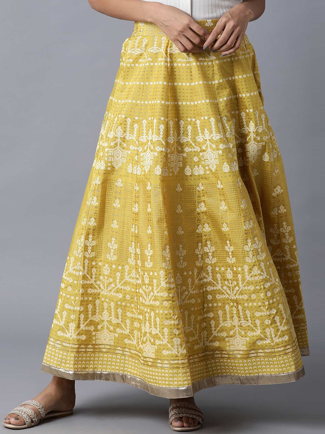 W Women Yellow & Beige Kalidar Printed Flared Maxi Skirt
