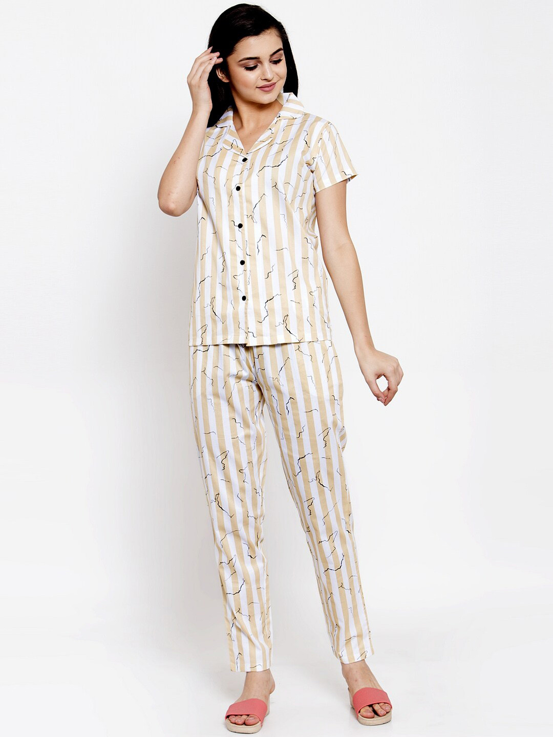 

Claura Women White & Beige Striped Night suit
