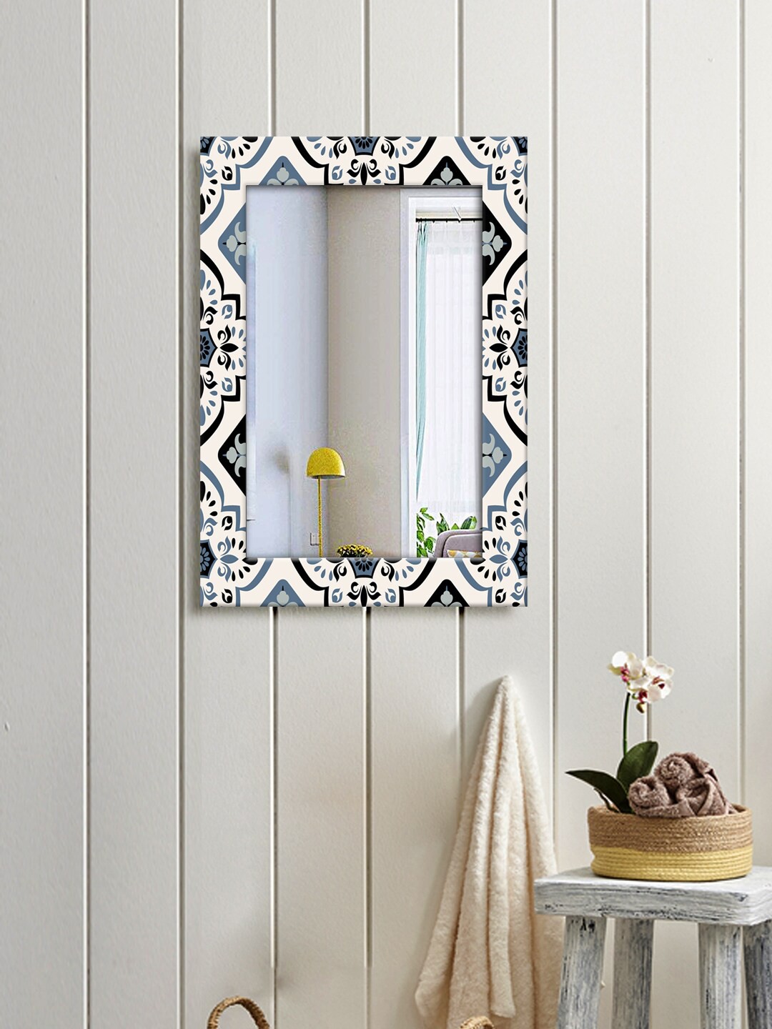 

999Store Off White & Black Decorative Flower And Tree Wall Hanging Mirror