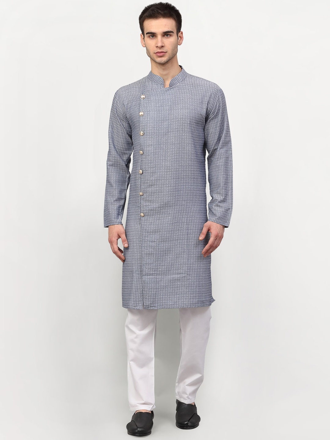 

Jompers Men Silver Angrakha Pure Cotton Kurta with Pyjamas