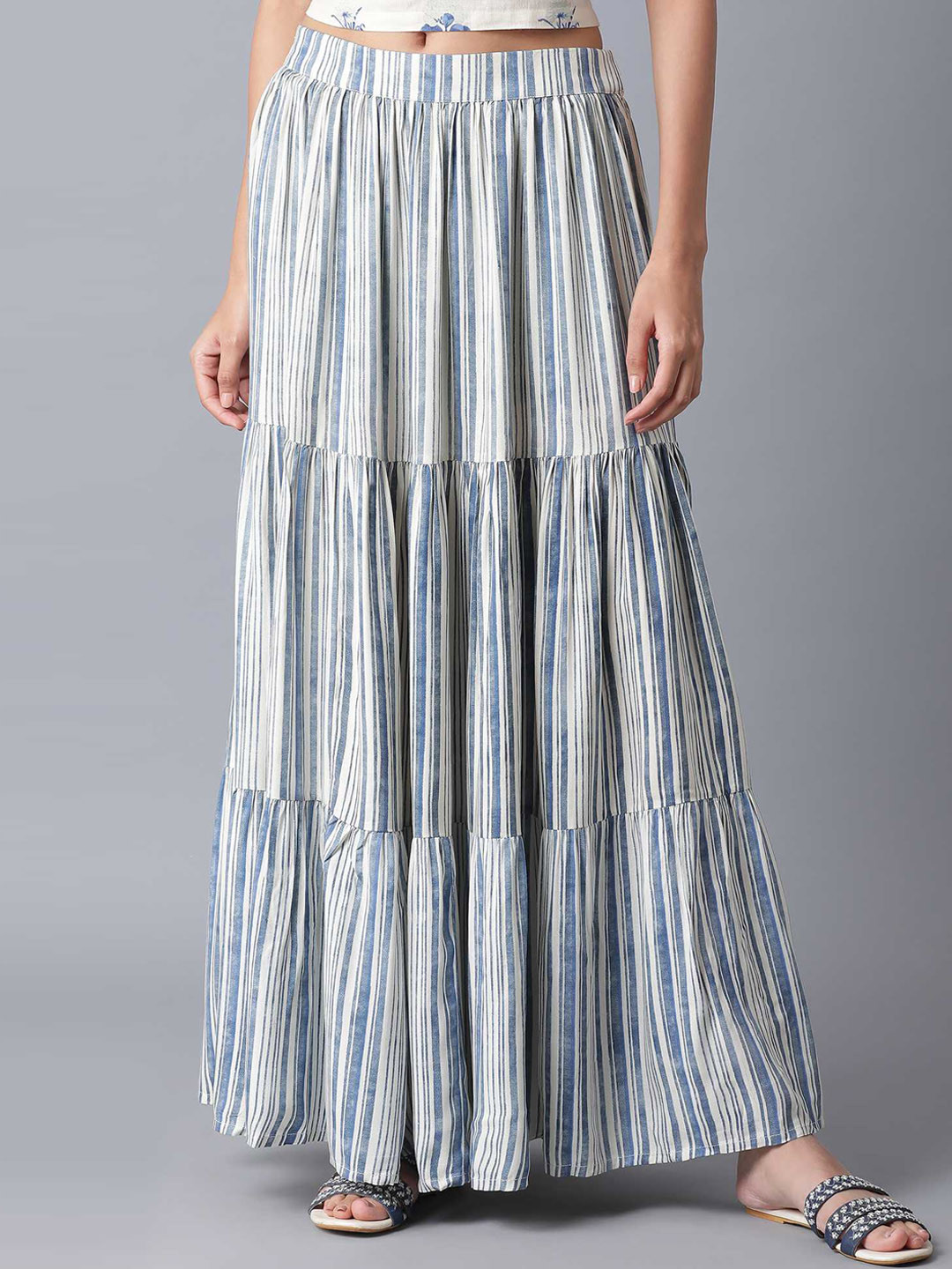 

W Women Beige & Blue Striped Tiered Maxi Skirt