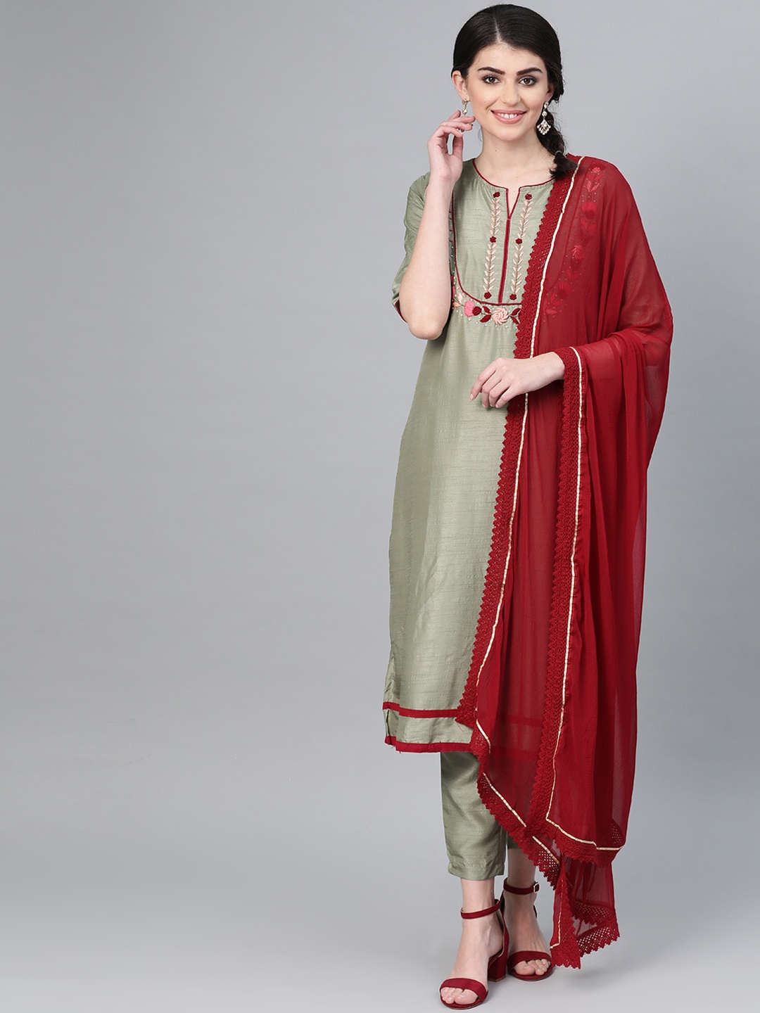 Ishin Women Green Yoke Design Empire Kurta with Trousers & With Dupatta