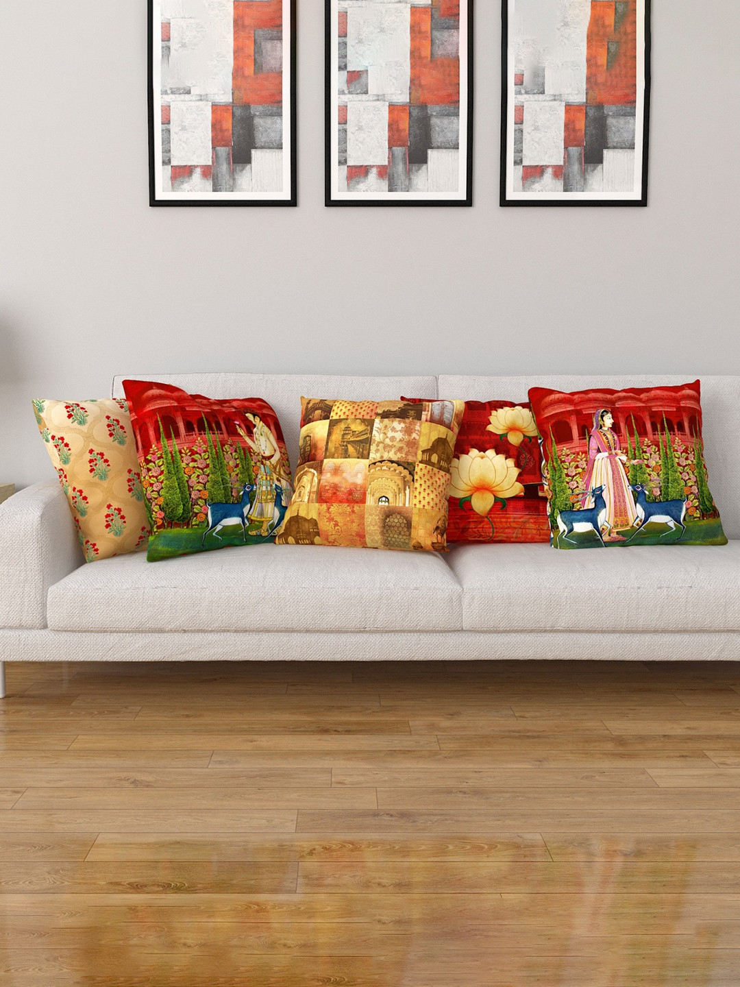 

Home Centre Beige & Red Set of 5 Quirky Square Cushion Covers