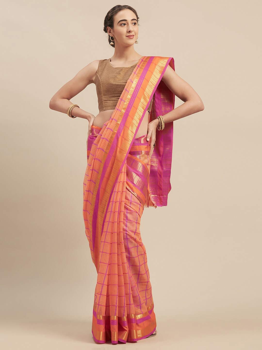 

Kvsfab Orange & Purple Checked Zari Silk Cotton Taant Saree