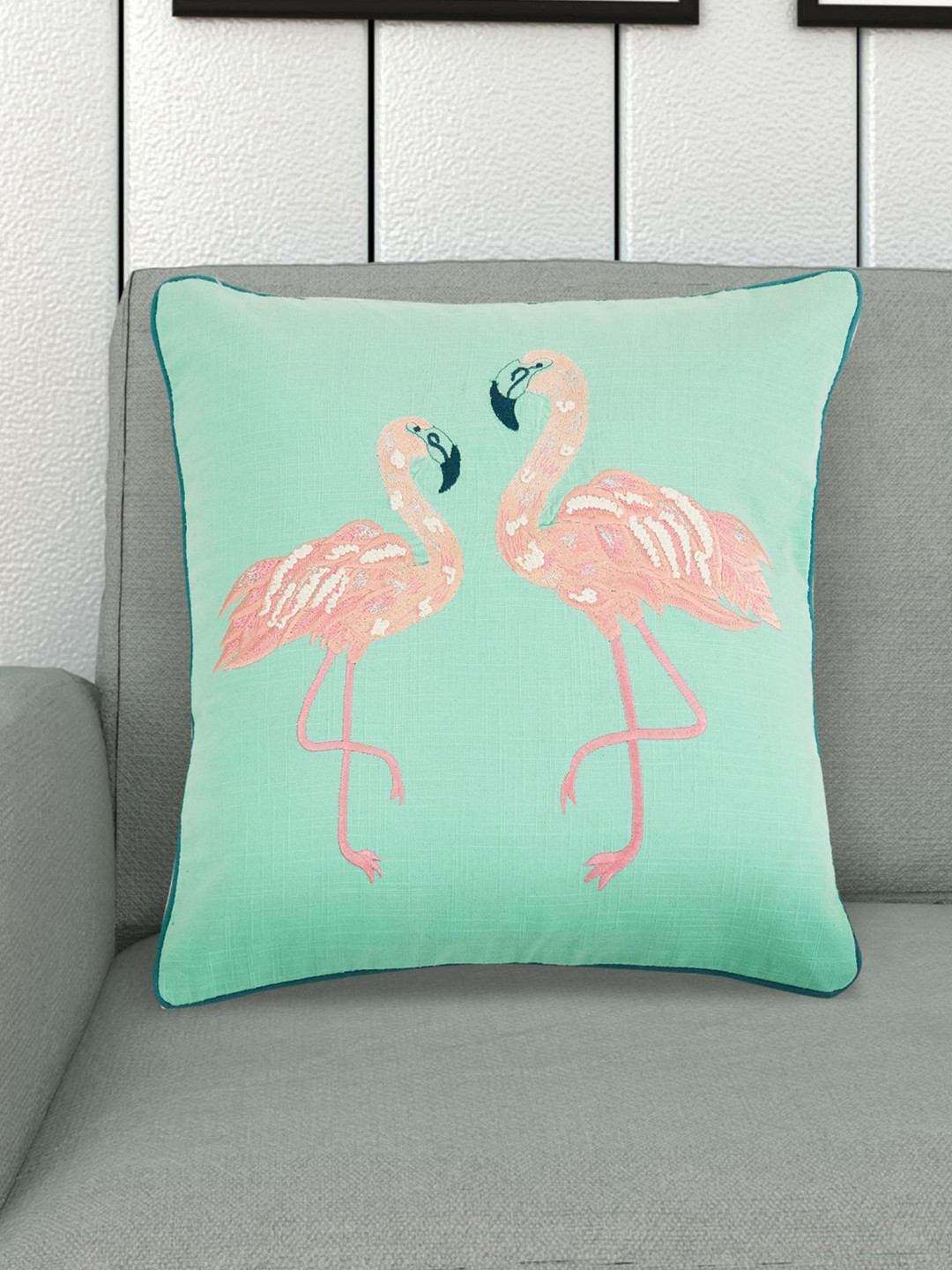 

Home Centre Teal Blue & Peach-Coloured Embroidered Square Cushion Cover