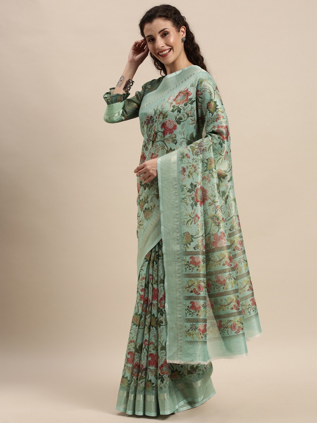 

Kvsfab Sea Green & Red Floral Silk Cotton Saree
