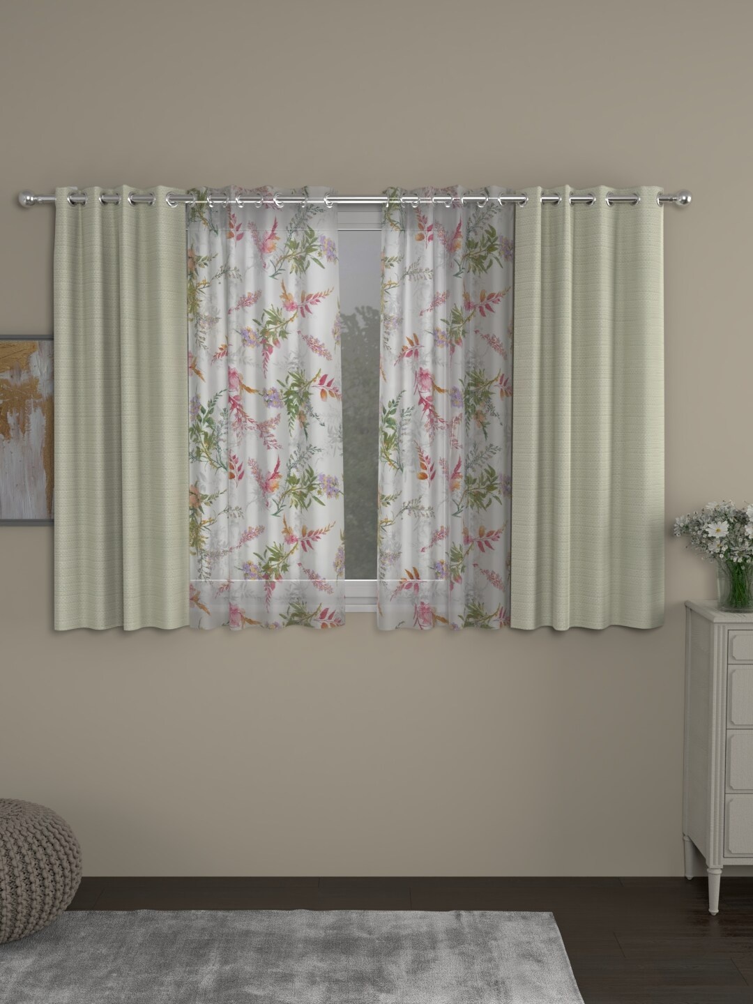 

ROSARA HOME Cream & White Set of 4 Floral Window Curtain