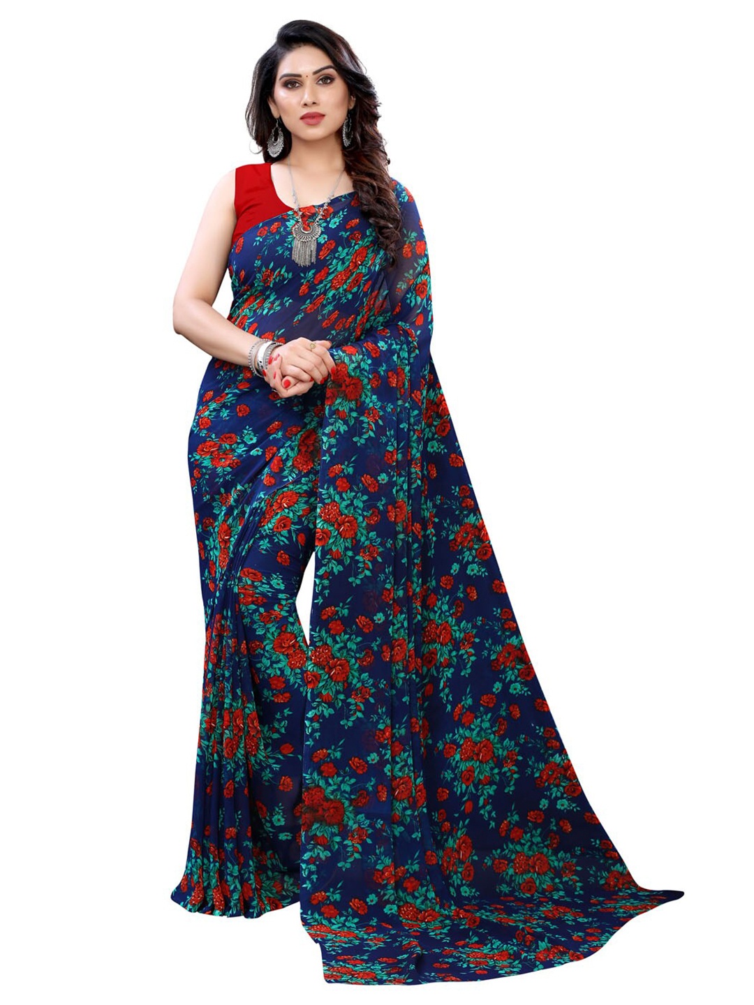 

KALINI Navy Blue & Red Floral Pure Georgette Saree