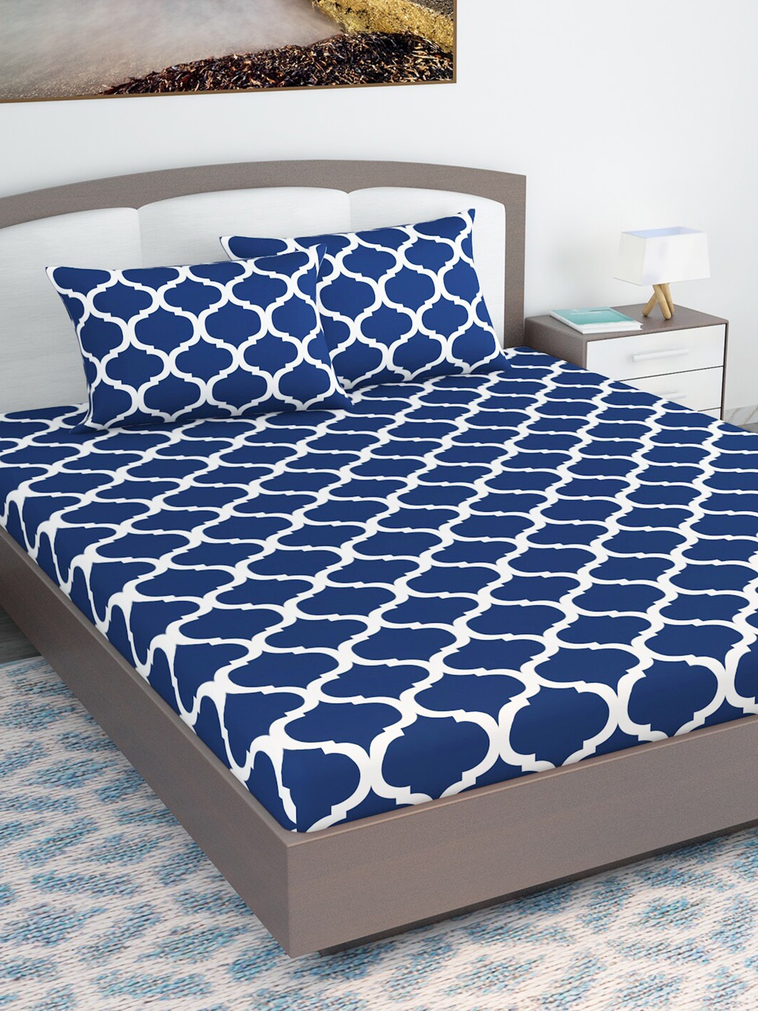 

Divine Casa Navy Blue & White Ethnic Motifs 110 TC Queen Bedsheet with 2 Pillow Covers