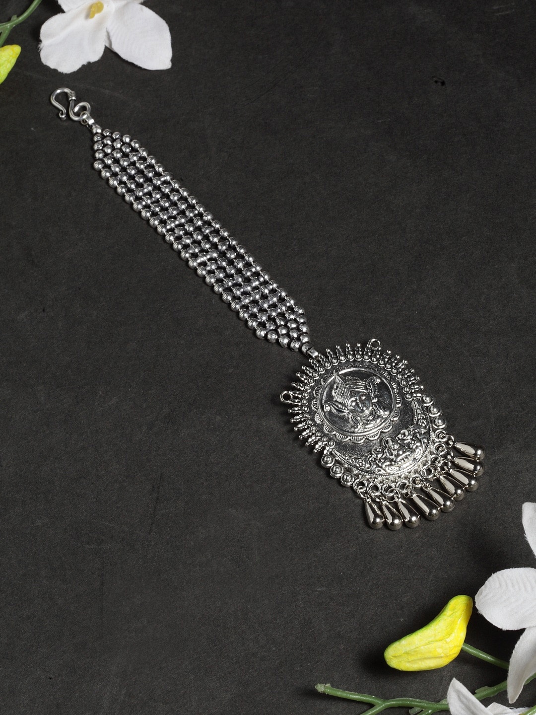 

Moedbuille Silver-Plated White Beaded Antique Temple Handcrafted Maang Tikka