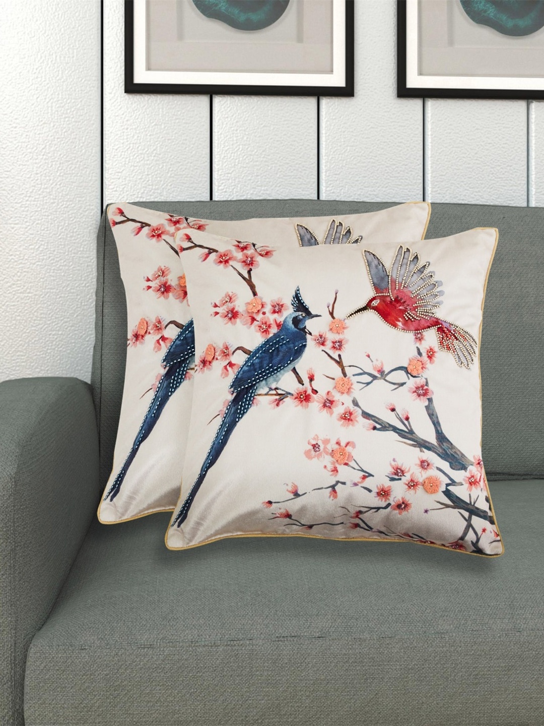 

Home Centre Red & Off White Floral Square Cushion Covers