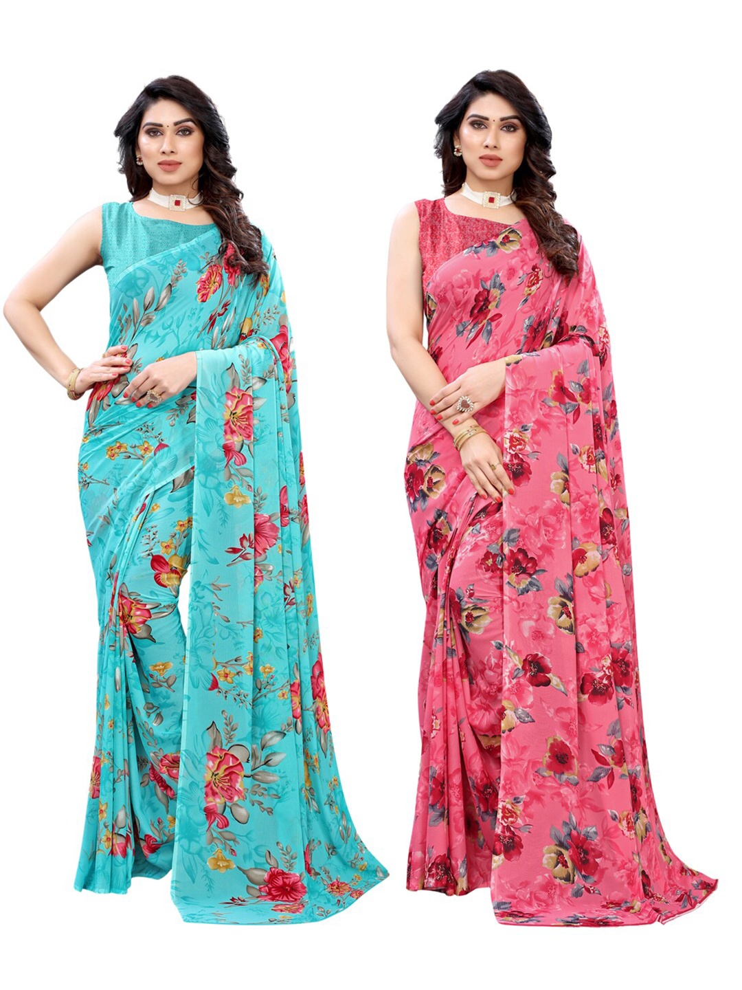 

KALINI Pack Of 2 Blue & Pink Floral Pure Georgette Saree