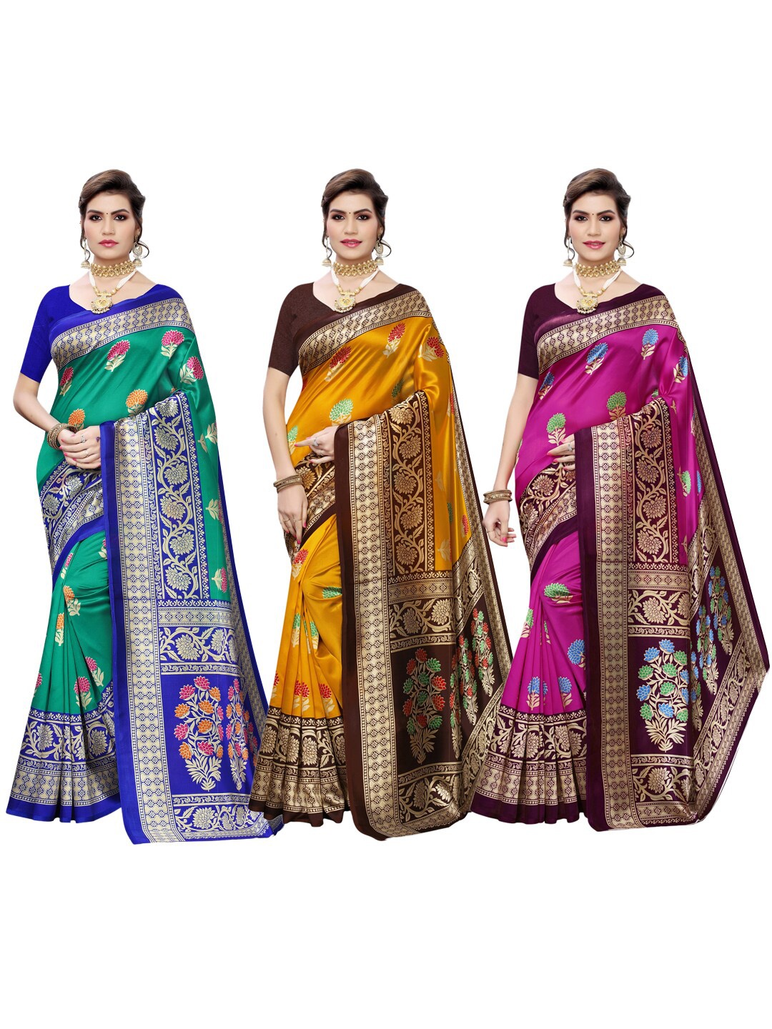 

KALINI Green & Magenta Pack of 3 Ethnic Motifs Sarees