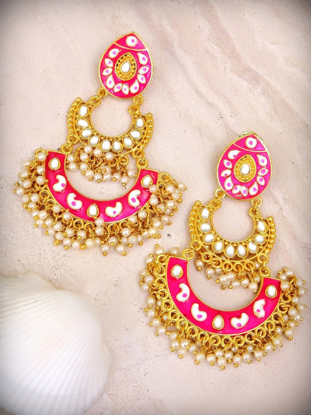 

Crunchy Fashion Gold & White Crescent Shaped Chandbalis Earrings