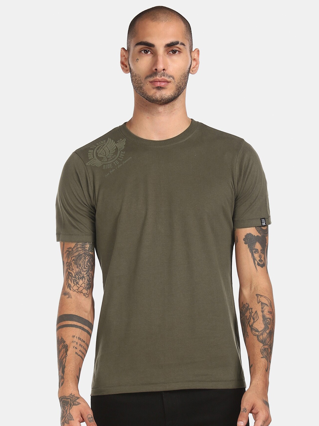 

Cherokee Men Olive Green Cotton Solid T-Shirt