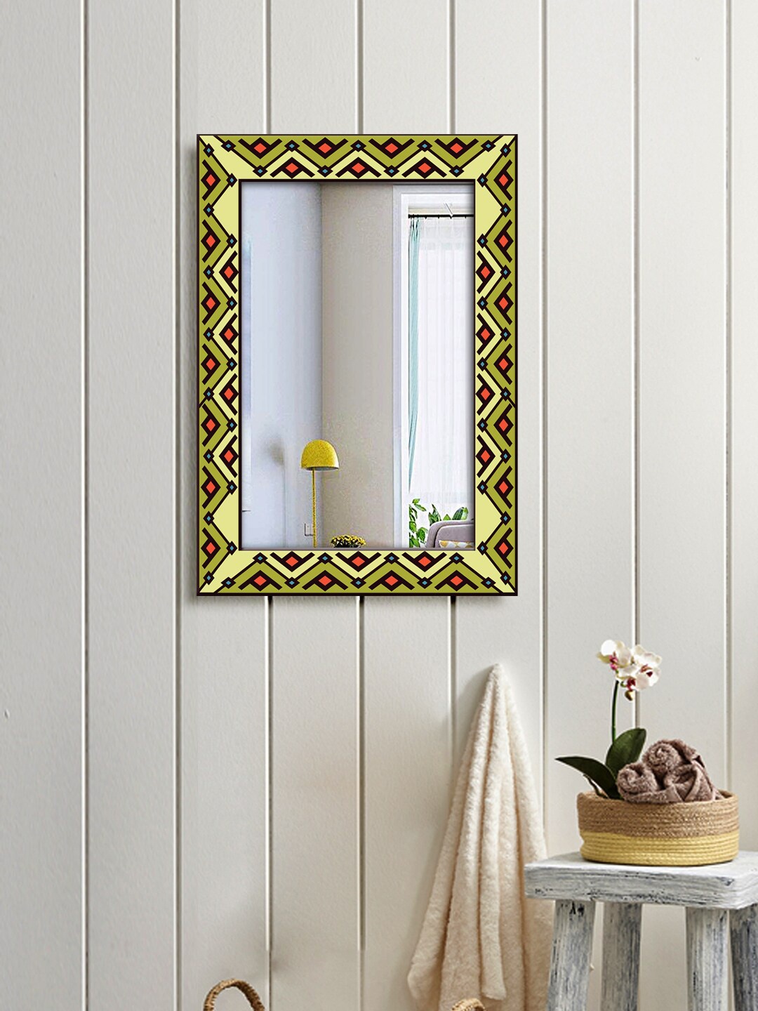 

999Store Green & Yellow Geometric Printed Decorative Wall Hanging Mirror, Multi