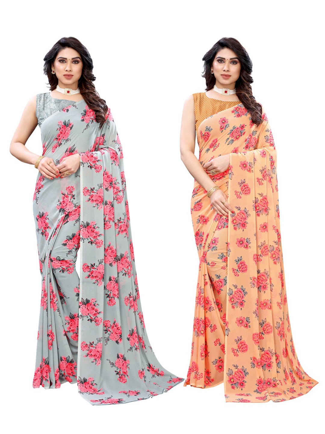 

KALINI Pack of 2 Grey & Orange Floral Pure Georgette Saree