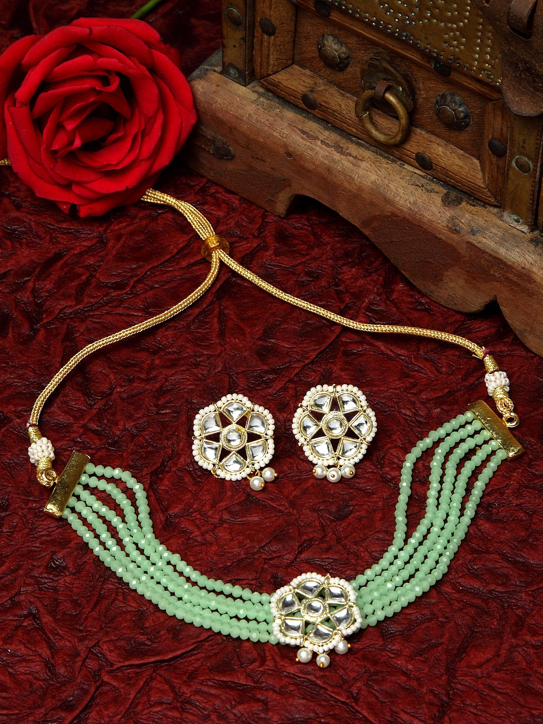 

Moedbuille Gold-Plated Green & White Kundan Onyx Studded Pearl Beaded Floral Design Meenakari Work Handcrafted Jewellery Set